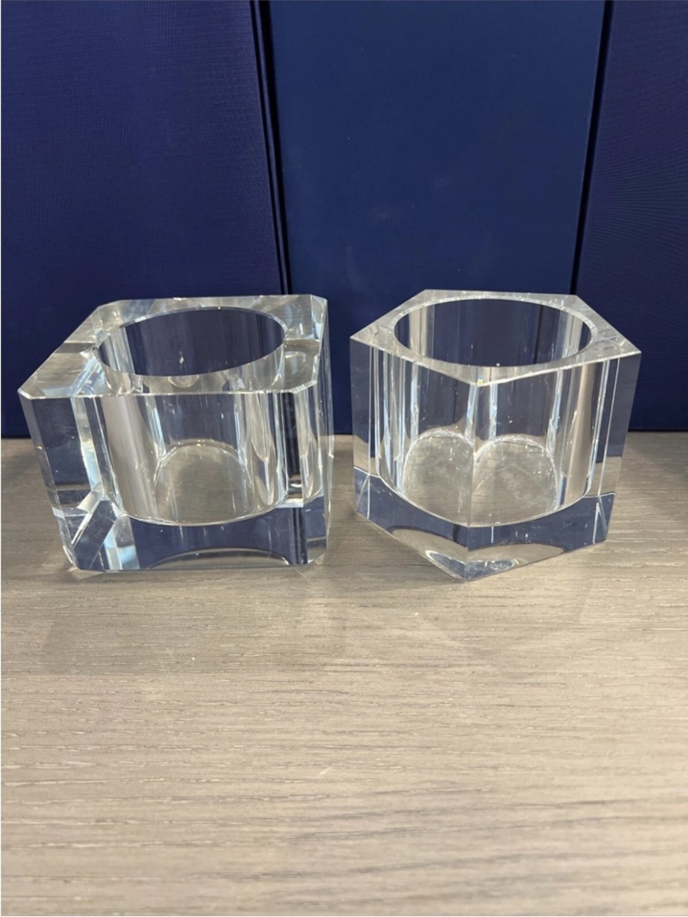Set Of 2 Lead Crystal Large Candle Holders Pentagon And Square